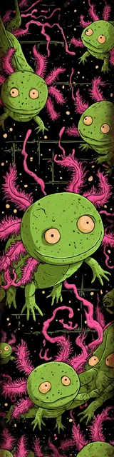 Free printable axolotl bookmark featuring a red and green axolotl